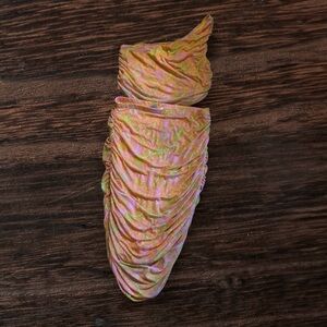 House of Harlow 1960 Orange Paisley Print Ruched Mesh 2 Piece Dress Sz M